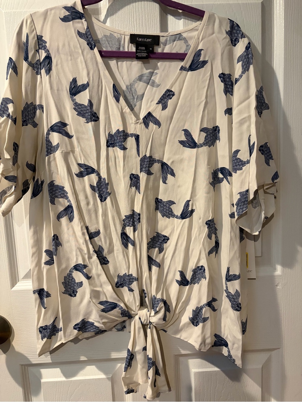 Karen Kane Cream Tie-Front V-Neck Blouse with Navy Fish Print